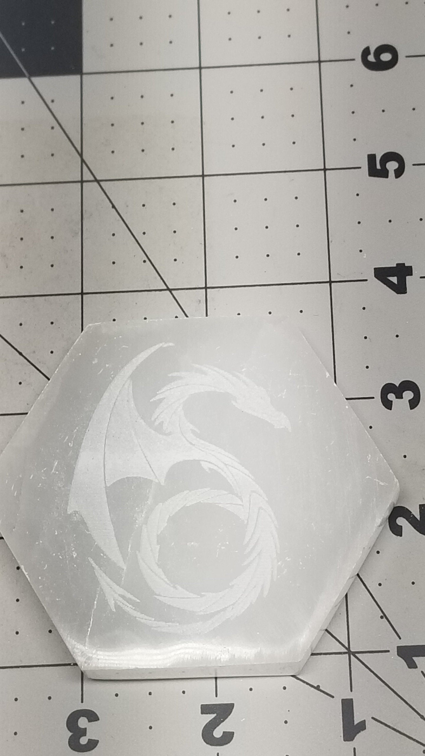 Selenite Carved Square Tile, Dragon Carving (Approx 3 1/4") Crystal Charging Plate, Supply for Grid SEL-0029