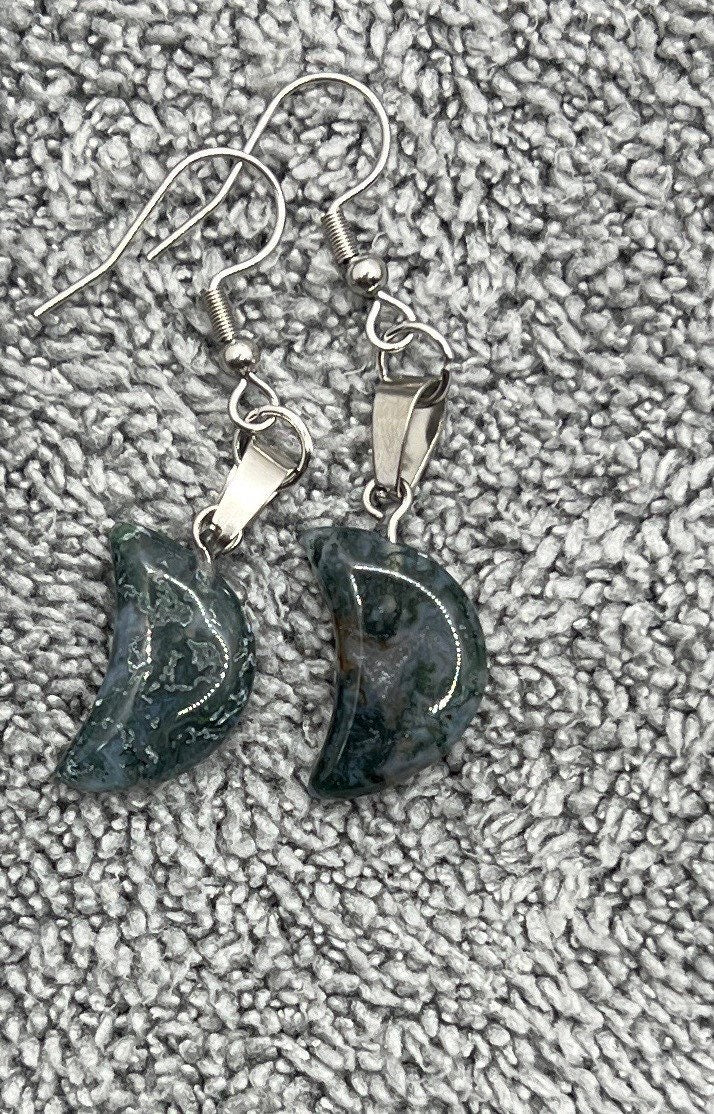 Moss Agate Moon Earrings EAR-0061
