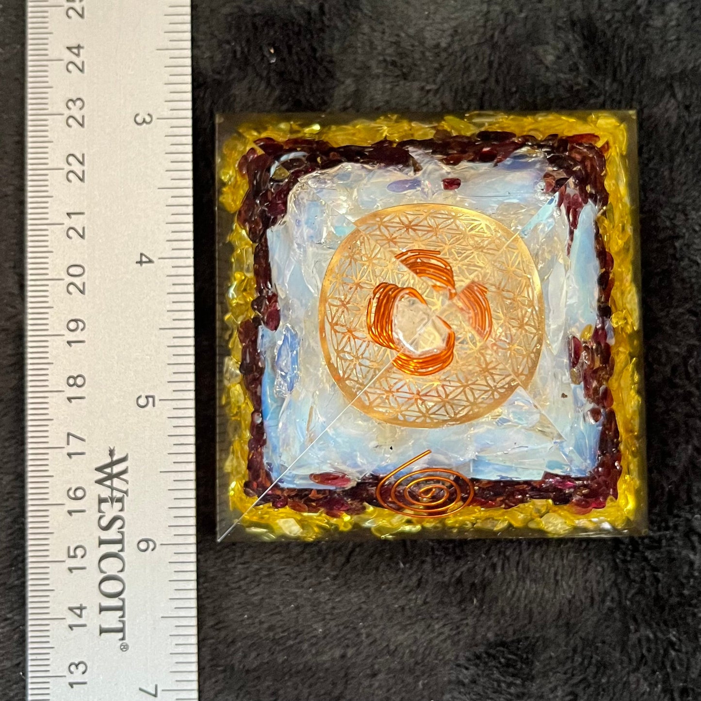 Citrine, Garnet, and. Opalite Copper Swirl Orgonite Pyramid WP-0007