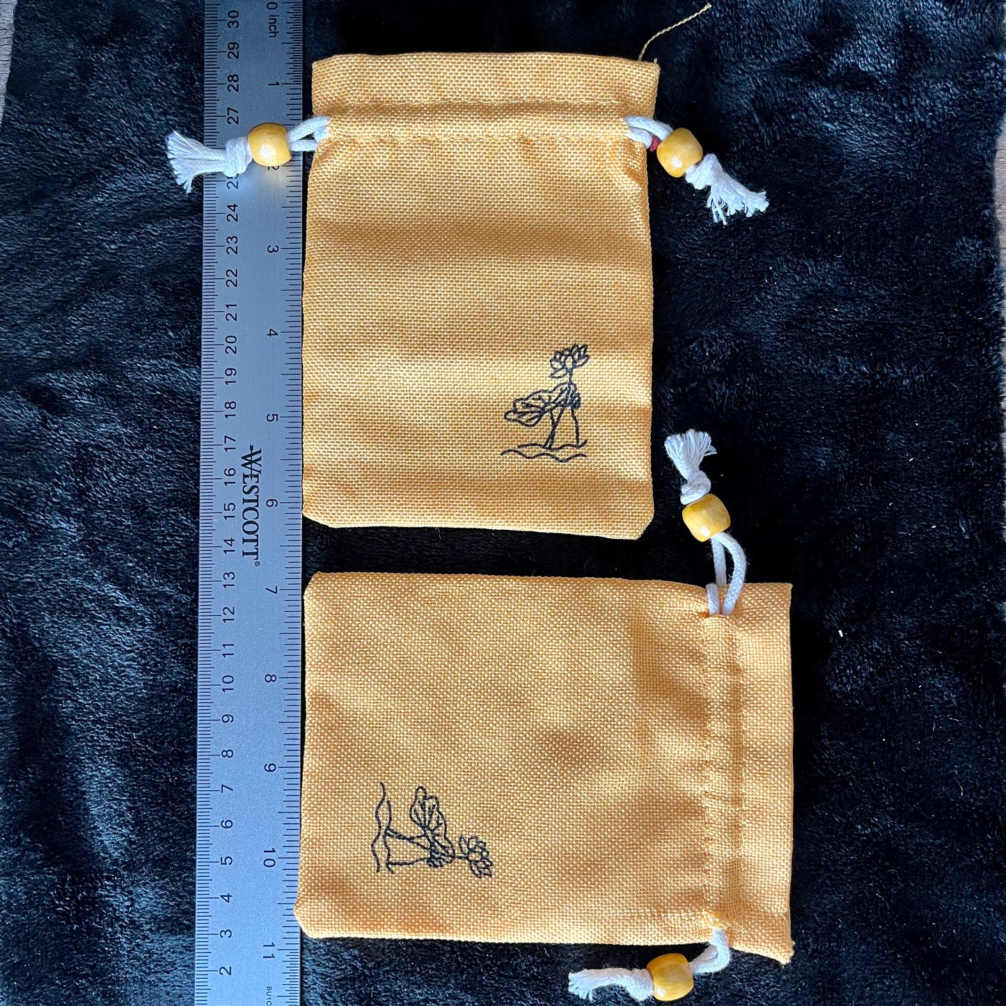 Yellow Burlap Drawstring Bag with Wooden Beads (Approx. 4” x 5 1/2") BAG-0143