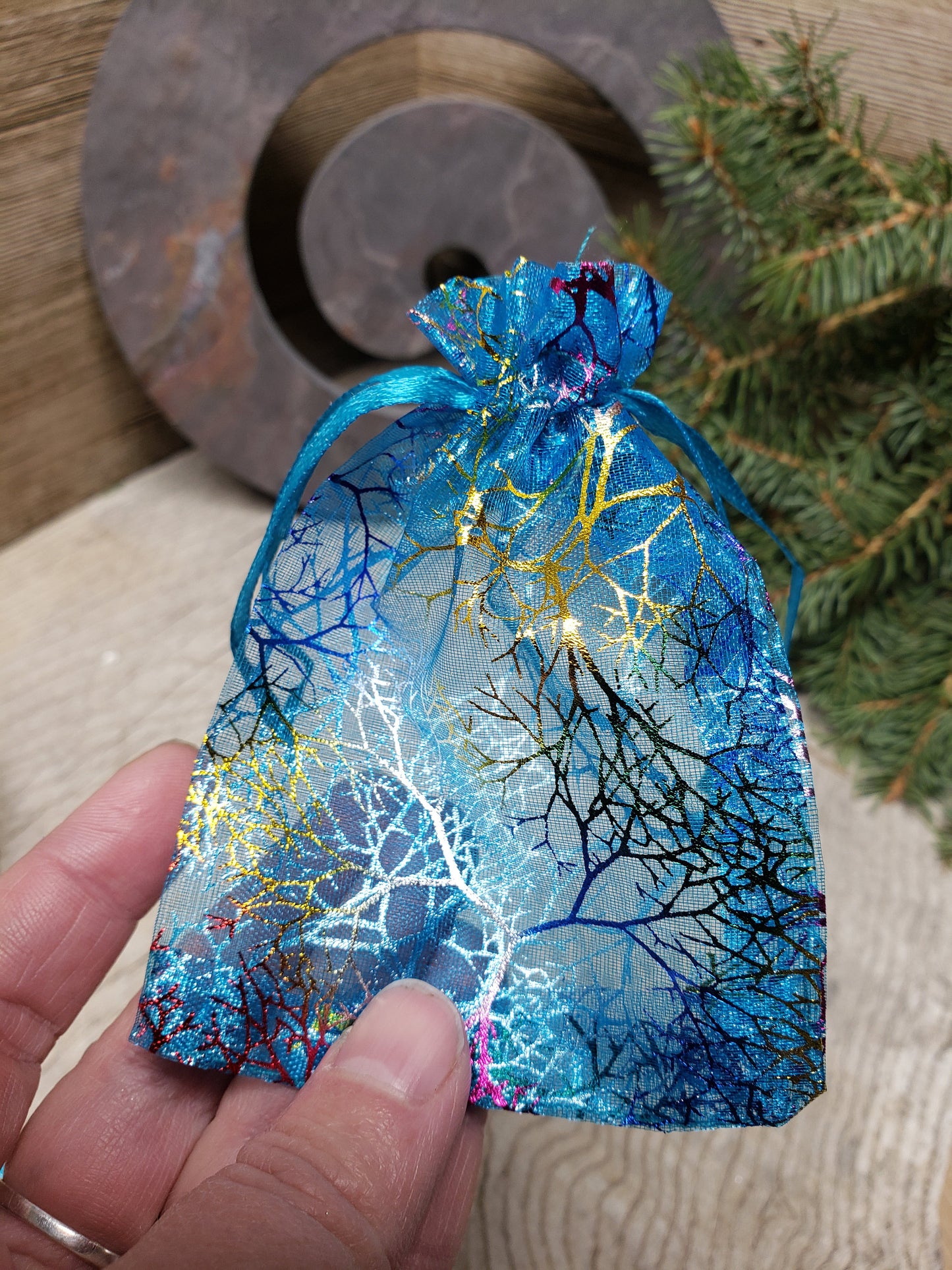 Rainbow Tree Organza Drawstring Bag, Aqua Blue, DIY, Beautiful, Crystal Collecting (Approx. 4 1/2" x 3 3/8") BAG-0007