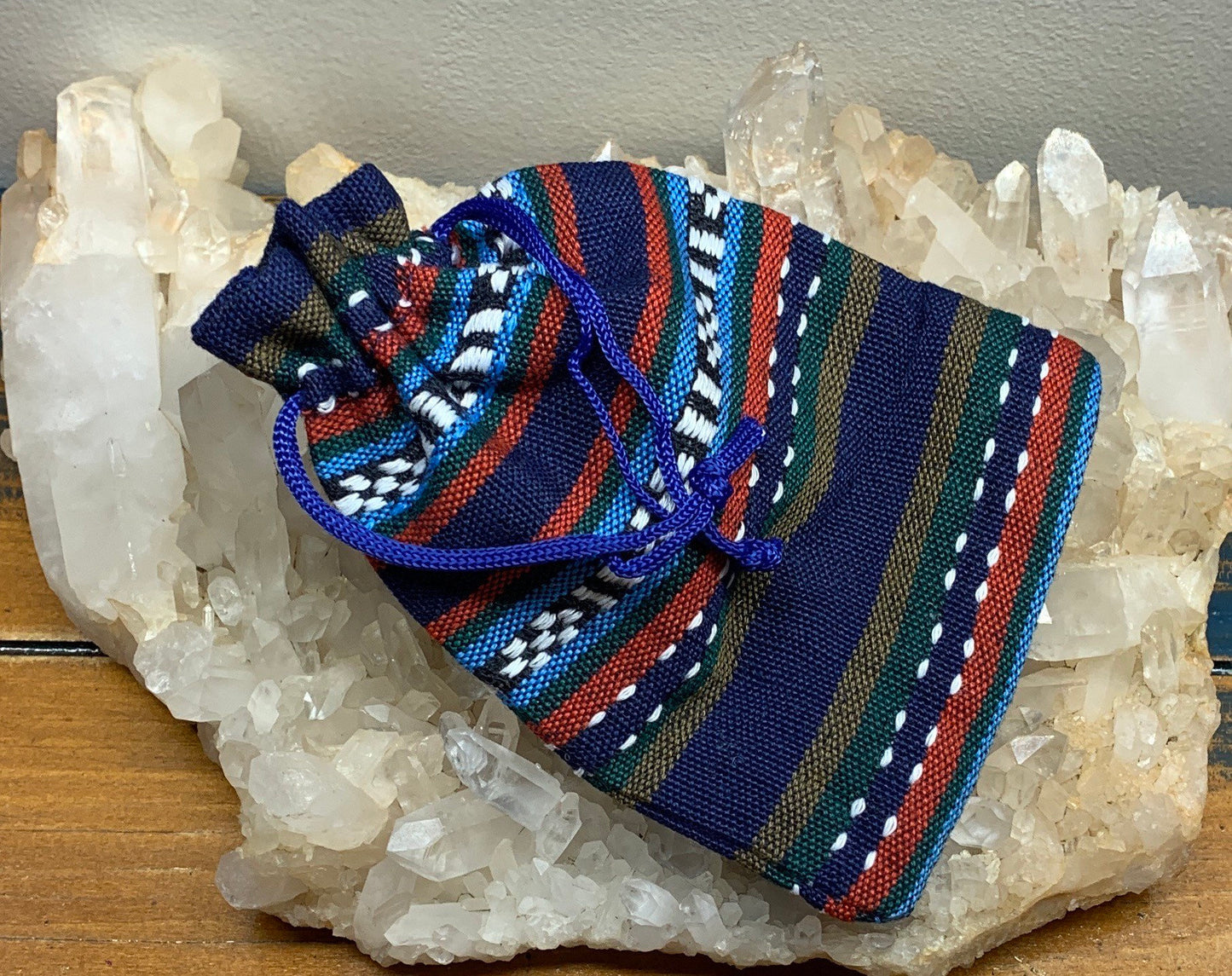 Blue String BoHo Burlap Drawstring Bag, DIY, Beautiful, Crystal Collecting (Approx. 5.5" x 3.9") BAG-0022