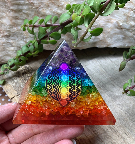 Orgonite Chakra Crystal Pyramid, Rainbow 3 1/4” ORG-0016 (Crystals Imbedded in Resin)