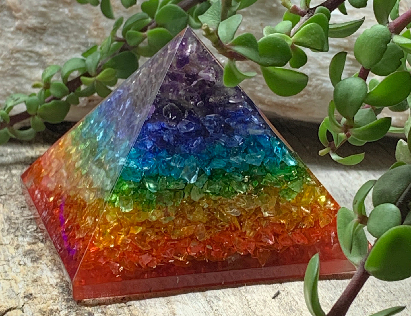 Orgonite Chakra Crystal Pyramid, Rainbow 3 1/4” ORG-0016 (Crystals Imbedded in Resin)
