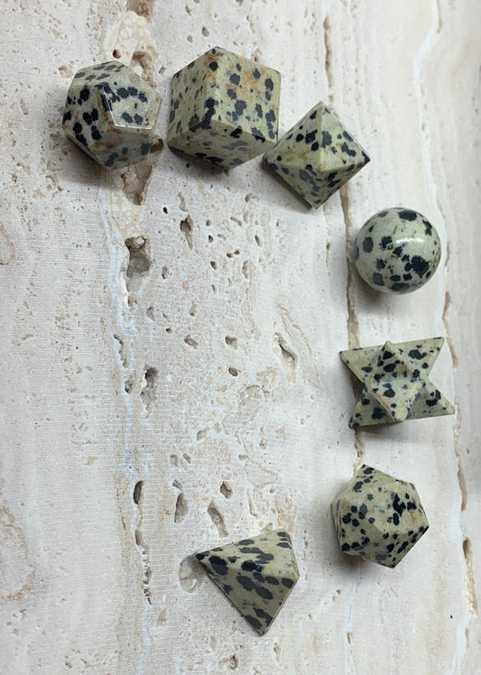 Dalmatian Jasper Sacred Geometry Kit, Carved Shapes E-0012