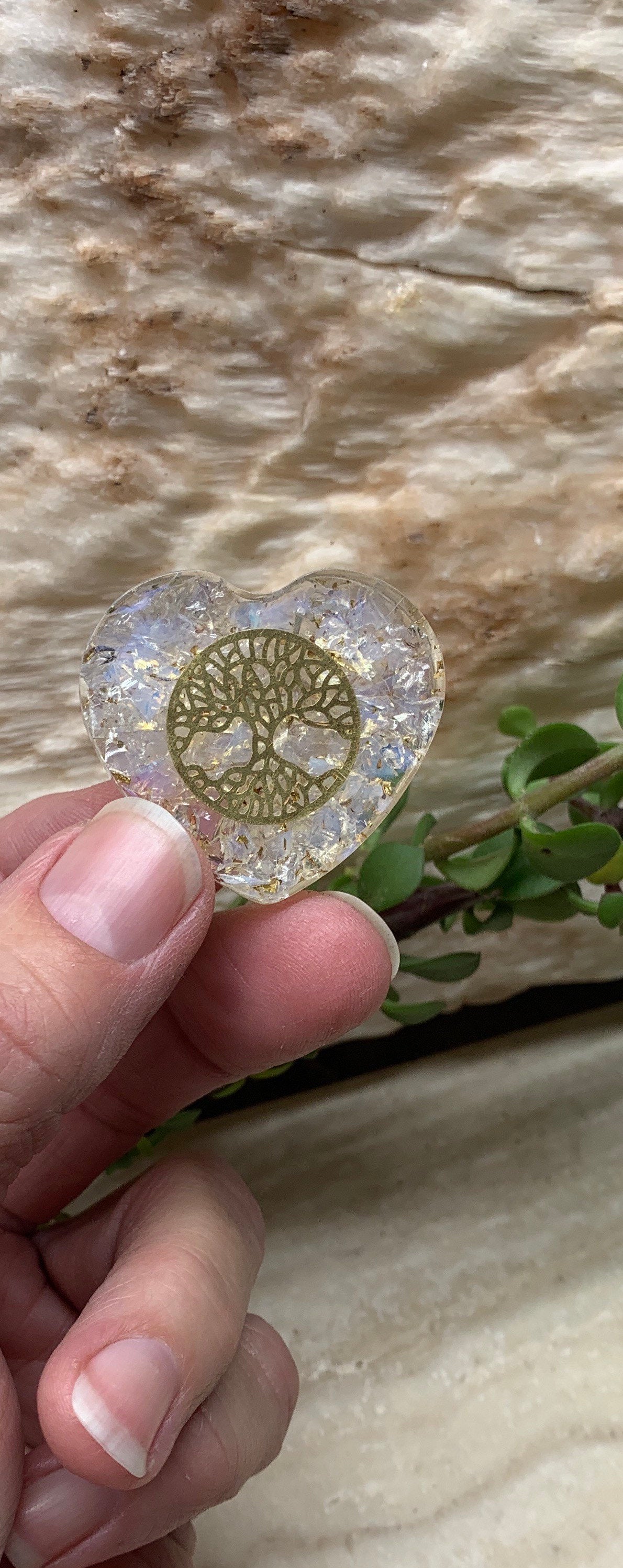 Opalite Organite Tree of Life 1 1/2” Heart 1590 (Crystals Imbedded in Resin)
