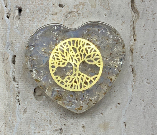 Opalite Organite Tree of Life 1 1/2” Heart 1590 (Crystals Imbedded in Resin)