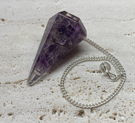 amethyst orgonite 2 inch pendulum attatched to a silver 8 imch chain
