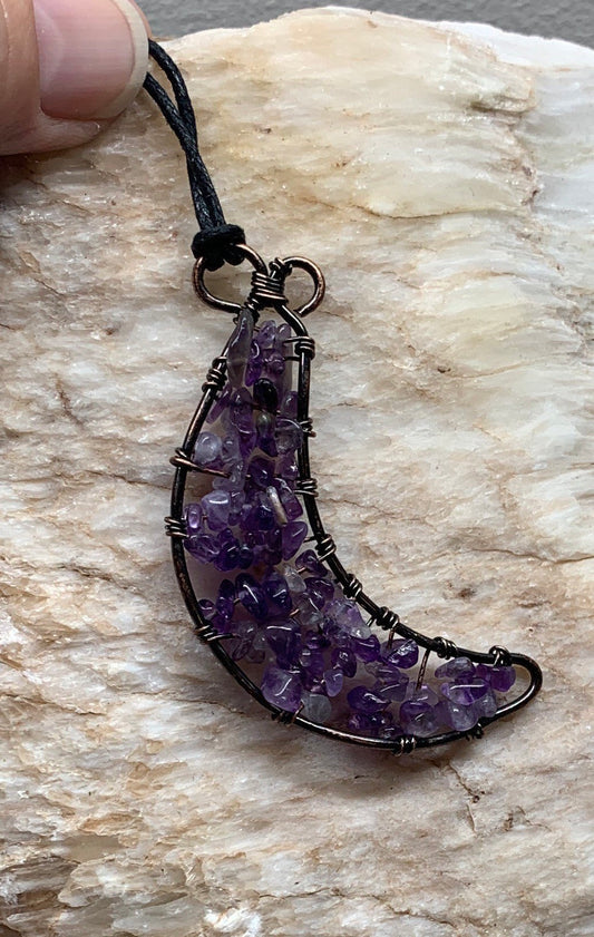 Amethyst Moon Necklace, Wire Wrapped, Copper NCK-0910