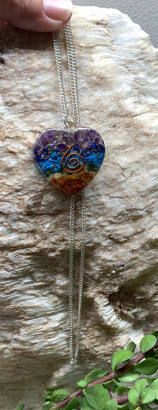 Reiki Chakra Organite Heart Necklace 1054 (Crystals Imbedded in Resin)