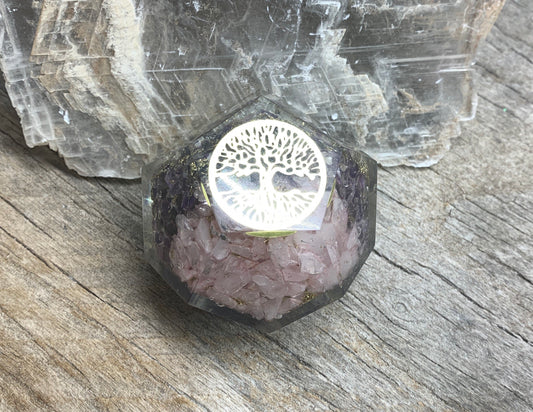 Tree Of Life Orgonite Dodecahedron Clear Quartz, Rose Quartz, Amethyst ORG-0022 (Crystals Imbedded in Resin)