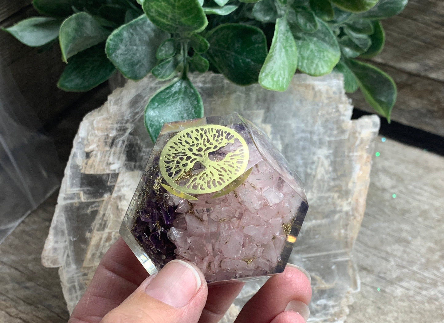 Tree Of Life Orgonite Dodecahedron Clear Quartz, Rose Quartz, Amethyst ORG-0022 (Crystals Imbedded in Resin)