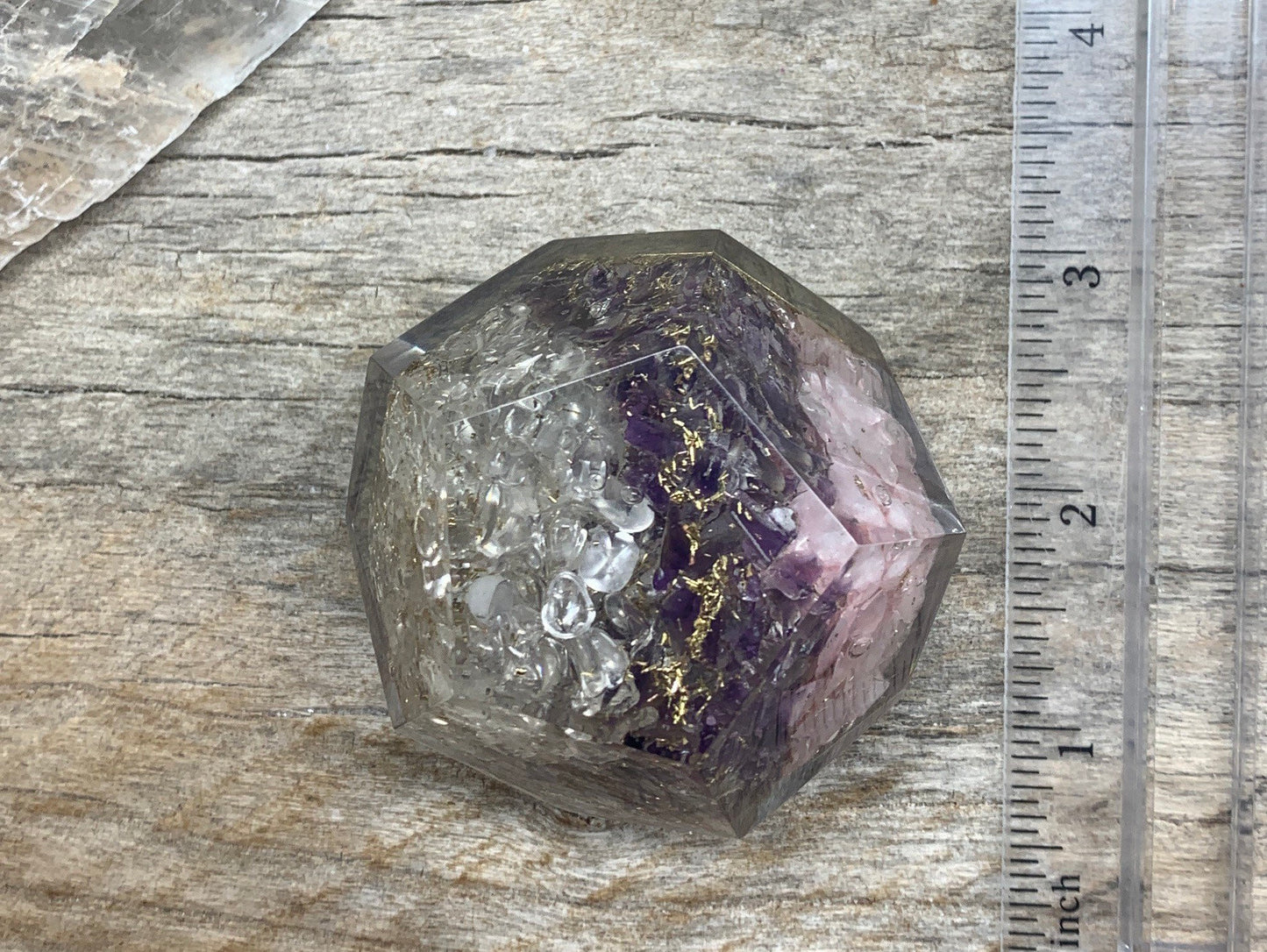 Tree Of Life Orgonite Dodecahedron Clear Quartz, Rose Quartz, Amethyst ORG-0022 (Crystals Imbedded in Resin)