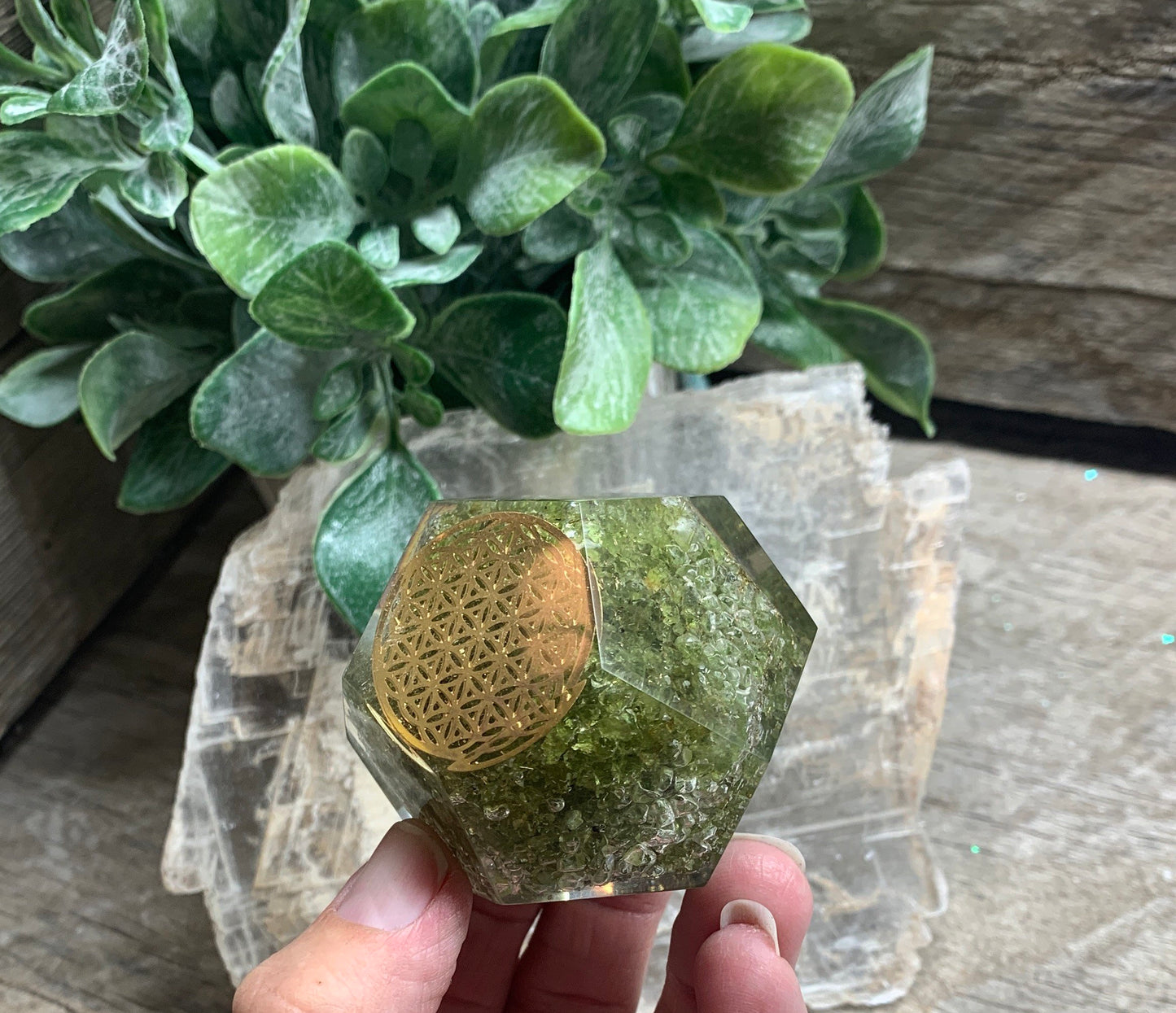Peridot Flower of Life Orgonite Dodecahedron Sacred Geometry ORG-0024 (Crystals Imbedded in Resin)