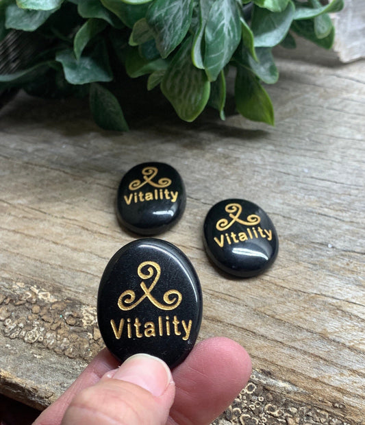 Vitality, Black Obsidian Carved Word Affirmation (Approx. 1 1/2") FIG-0331