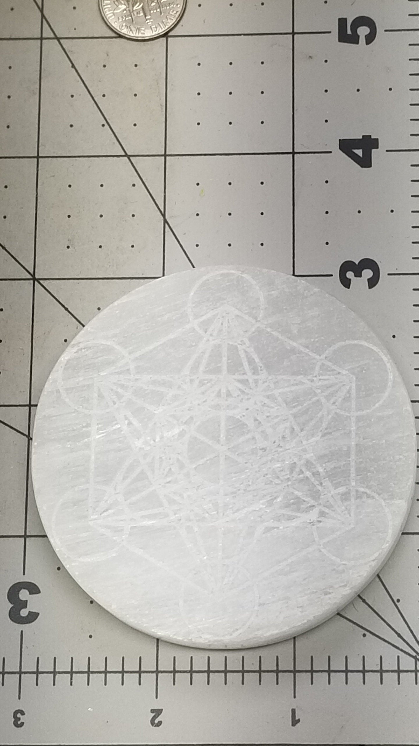Selenite Carved Round Tile, Metatrons Cube, Sacred Geometry Carving (Approx 3 ")  Crystal Charging Plate, Supply for Grid S-0070