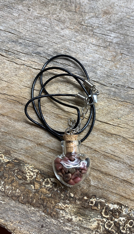 Tourmaline Necklace in Corked Heart Bottle. 18” cord with clasp.