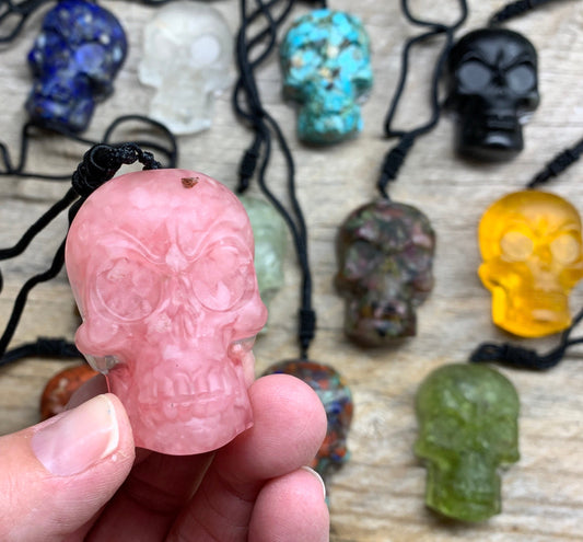 Mystery Orgonite Gemstone Skull Suprise Necklace 2” Pendant 1065 (Crystals Imbedded in Resin)