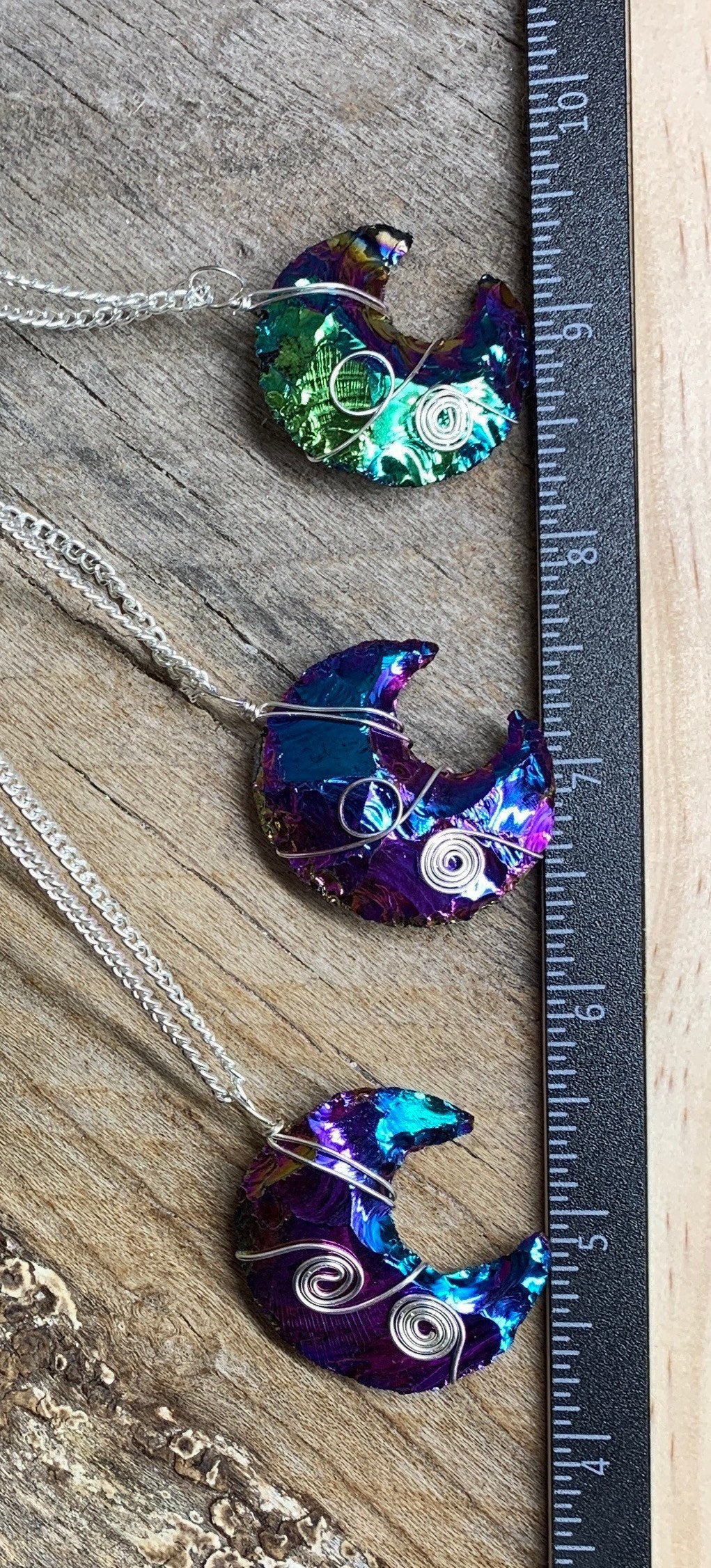 Rainbow Aura (Tanzin Aura) Obsidian Moon Wire Wrapped Necklace 1106