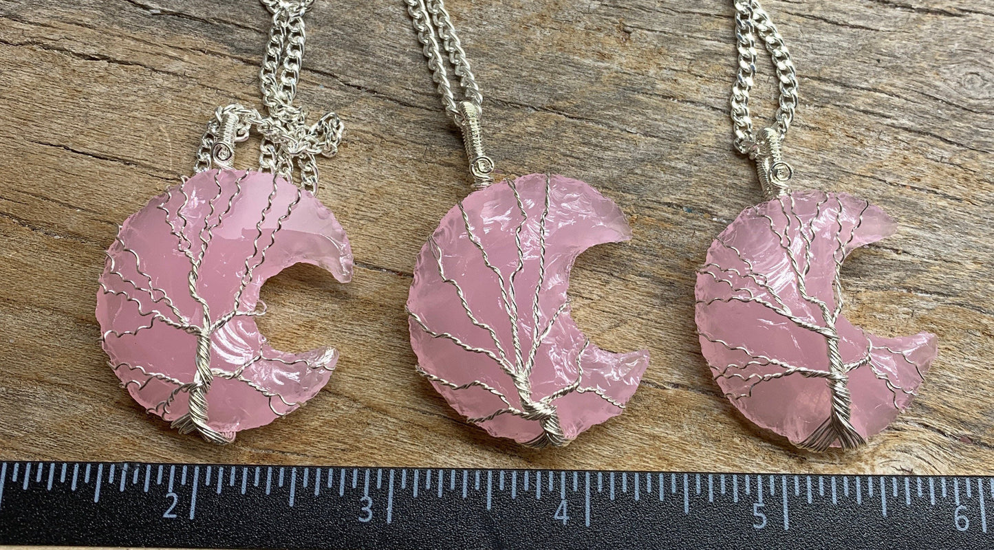 Pink Opalite Moon Wire Wrapped Necklace. Handmade. NCK-1933 Tree Of Life