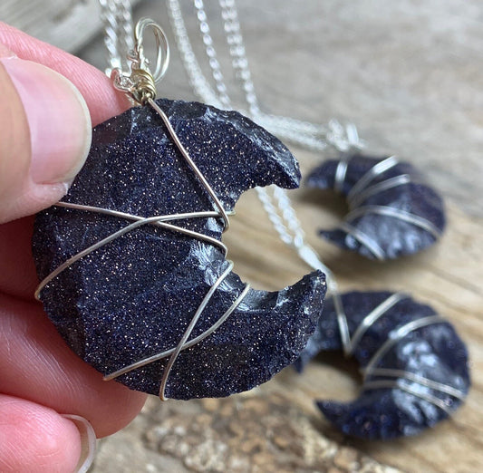 Blue Goldstone Knapped Moon Wire Wrapped Necklace NCK-2382