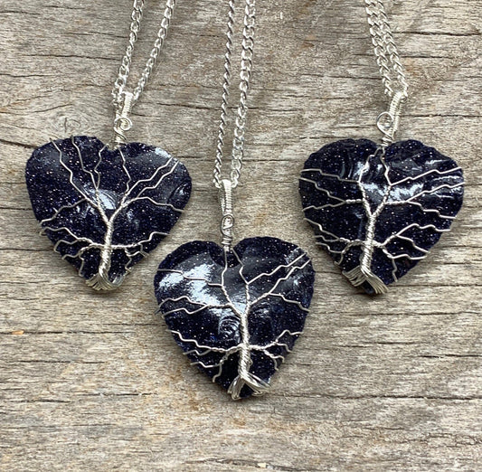 Blue Goldstone Knapped Heart, Tree of Life, Wire Wrapped Necklace NCK-2379