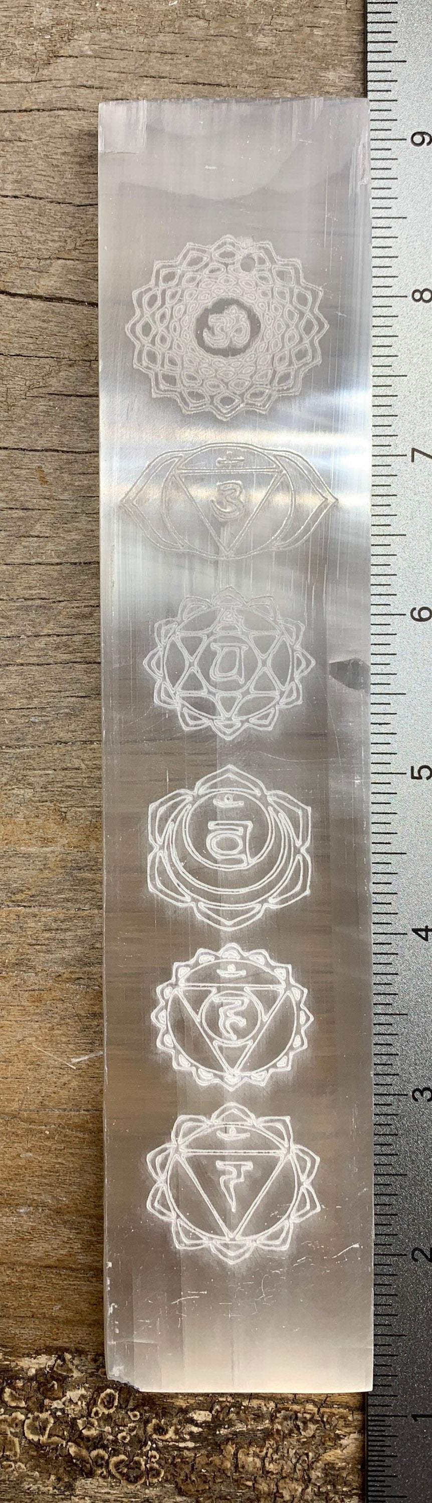 Chakra Symbol Etched Selenite Plate 8” S-0050