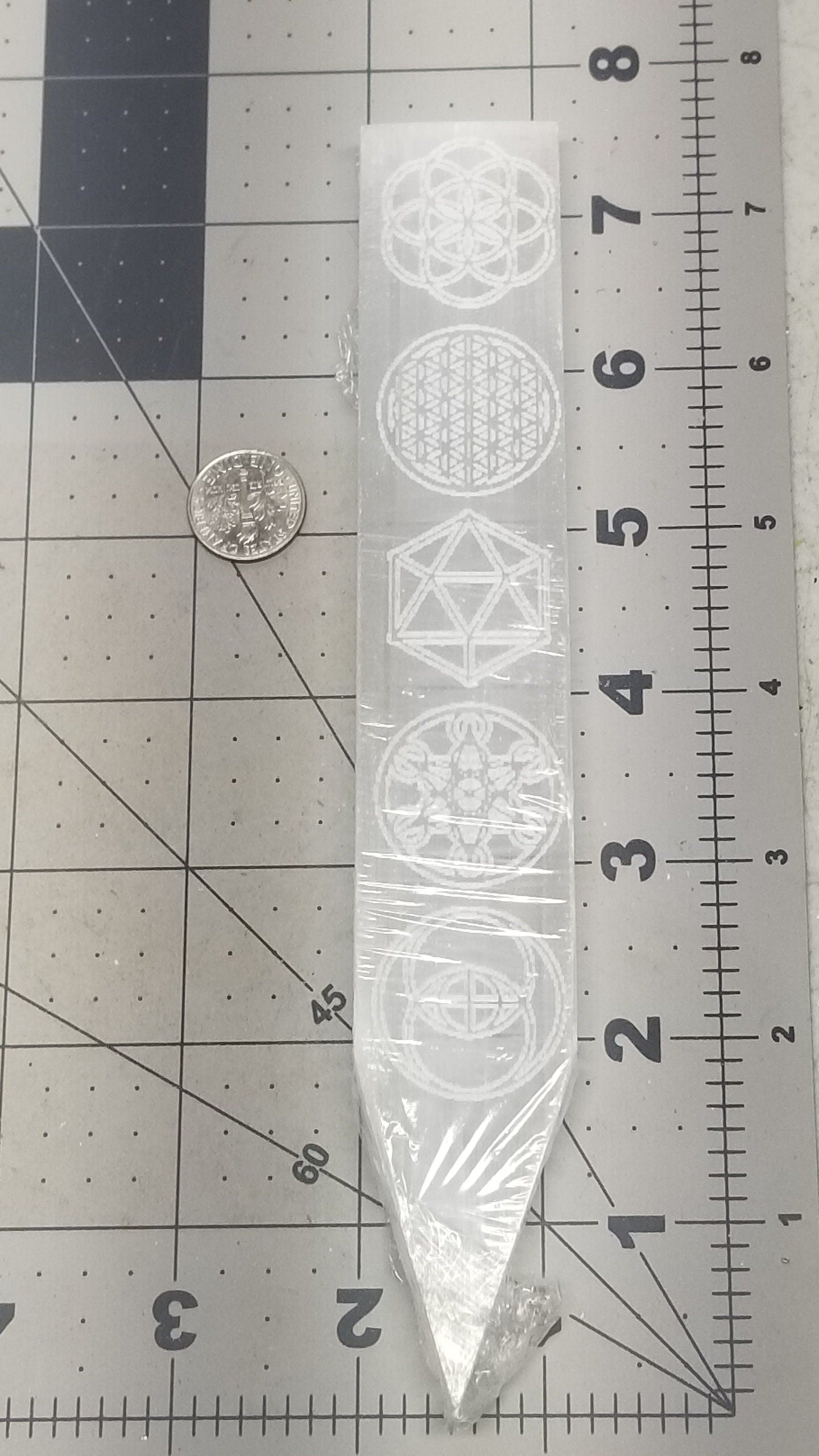 Selenite Bar, Wand, Rod, Stick Etched Sacred Geometry (Approx. 6") G-0013