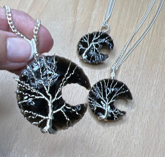 3 Tree of Life Silver wire wrapped obsidian crystal crescent moon pendants with silver chain