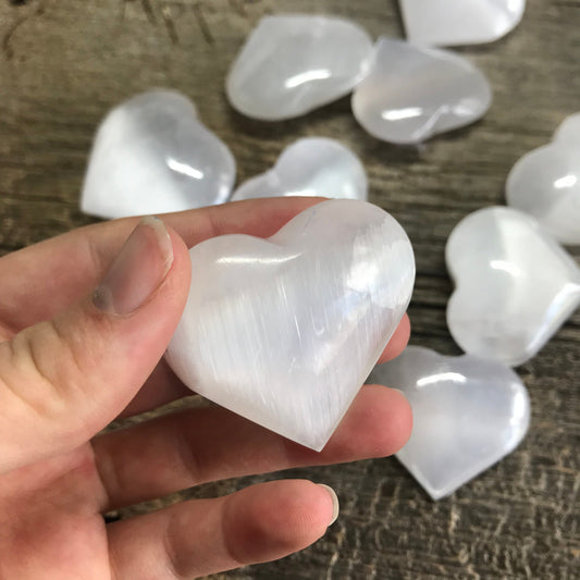 Selenite Heart,  (Approx. 1 1/2" - 1 3/4") for Crown Chakra, Crystal Heart, Supply for Crystal Grid, for Cleansing G-0020