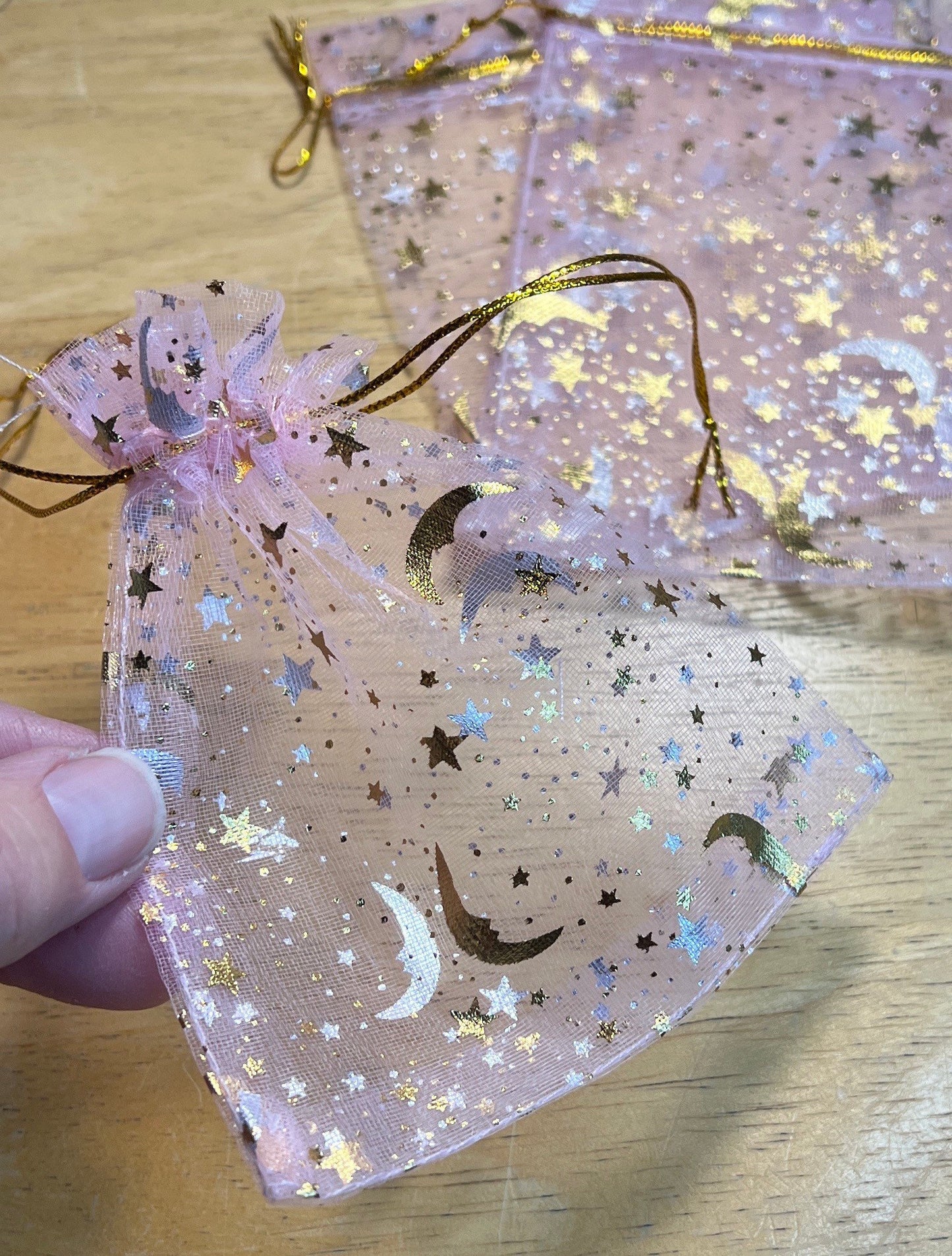 Pink Moon & Stars Organza Drawstring Bag BAG-0042 (Approx. 4”x 4 1/2”)
