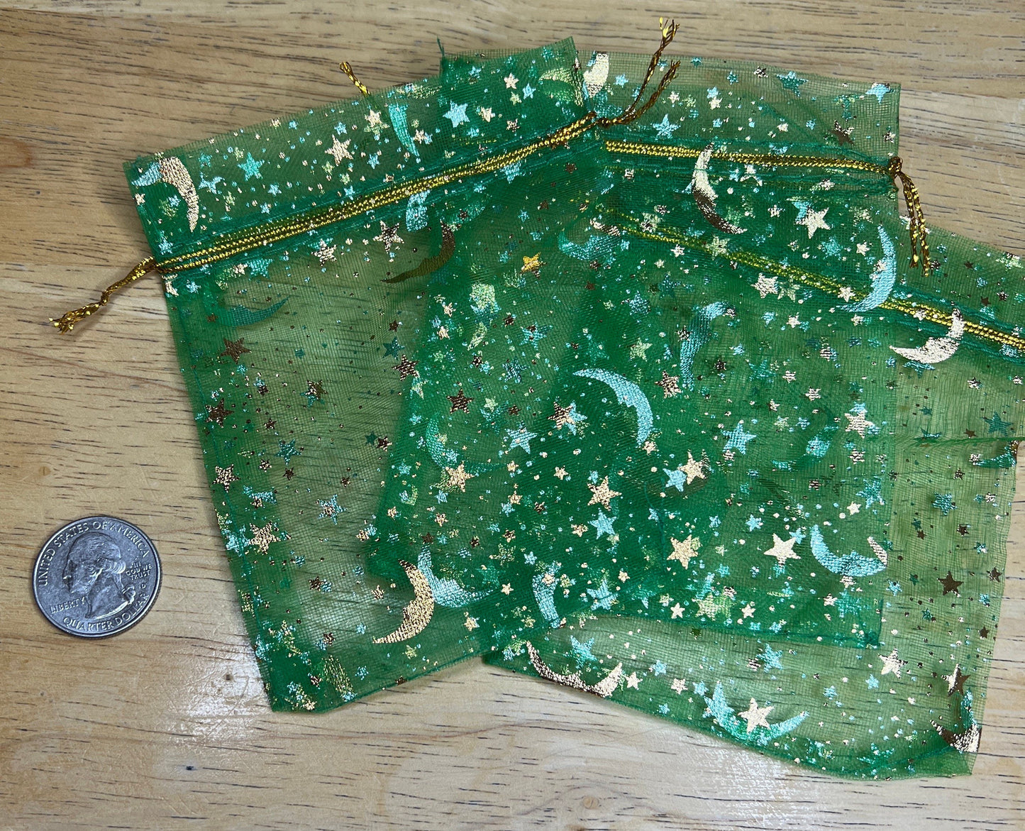 Green Moon & Stars Organza Drawstring Bag BAG-0041 (Approx. 4”x 4 1/2”)