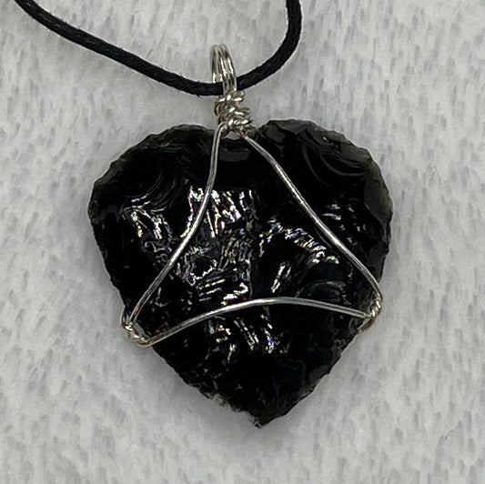 Black Obsidian Knapped Heart NCK-2395   Wire Wrapped Necklace