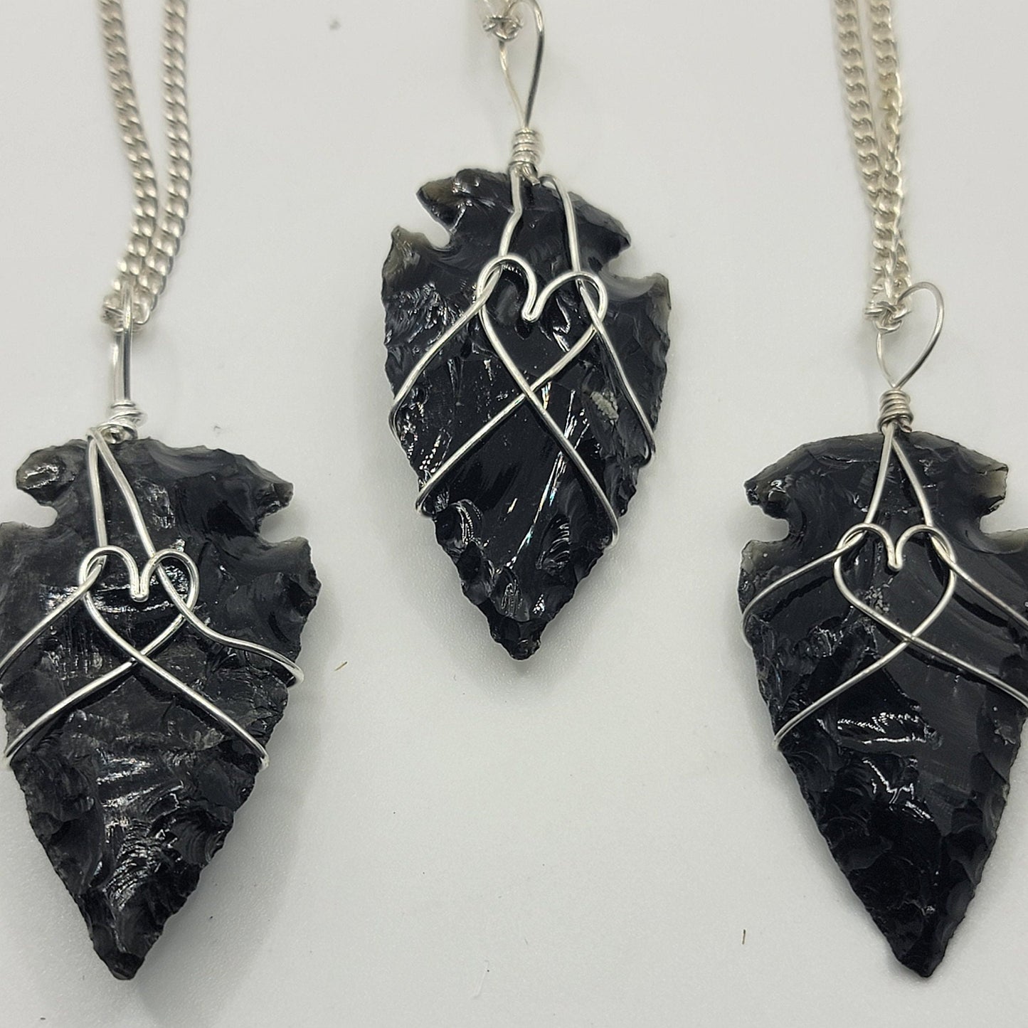 Black Obsidian Arrowhead, Heart Wire Wrapped Necklace 1138 Handmade