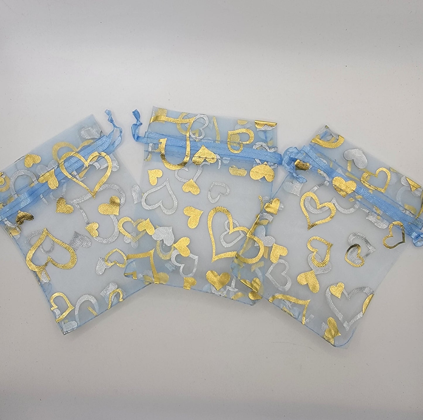 Heart Organza Drawstring Bag, Blue & Gold, Valentine's Day BAG-0049 (Approx. 3 1/2”x 4 1/2”)
