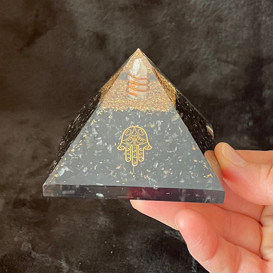 Black Obsidian Hamsa Symbol Orgonite Pyramid WP-0004