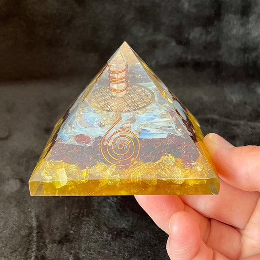 Citrine, Garnet, and. Opalite Copper Swirl Orgonite Pyramid WP-0007