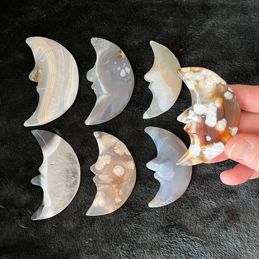 Flower Agate Carved Moon WF-0007