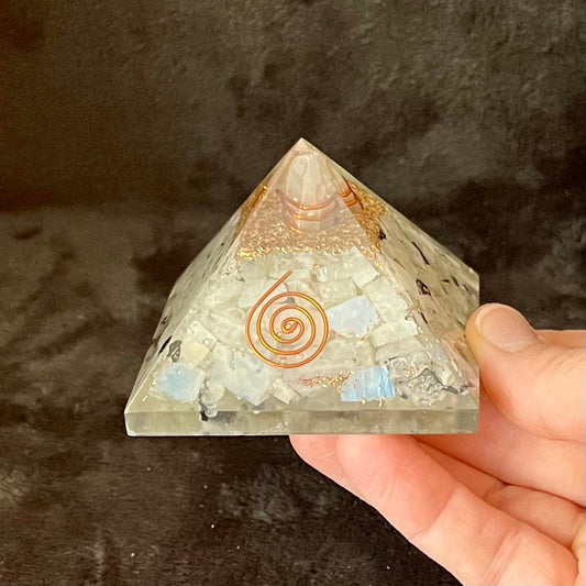 Rainbow Moonstone Copper Swirl Orgonite Pyramid WP-0003