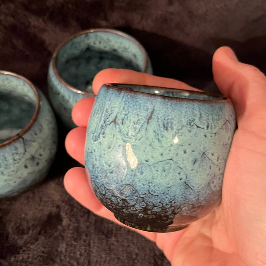 Ceramic Cup, Aqua Blue and Brown (Approx. 2 1/2”W X 2 1/4” T) CUP-9