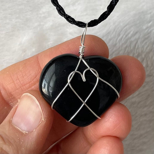Black Tourmaline Heart Wire Wrapped Necklace, Silver Tone NCK-2941