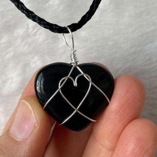 Black Obsidian Heart Wire Wrapped Necklace, Silver Tone NCK-2944