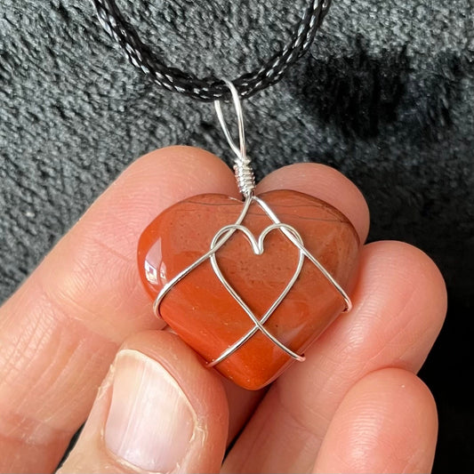 Red Jasper Heart Wire Wrapped Necklace, Silver Tone NCK-2945