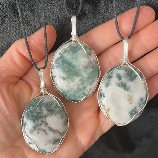 Tree Agate Worry Stone Wire Wrapped Necklace NCK-2974