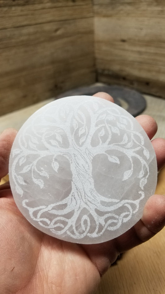 Selenite Carved Square Tile, Tree of Life Carving (Approx 4")  Crystal Charging Plate, Supply for Grid SEL-0033