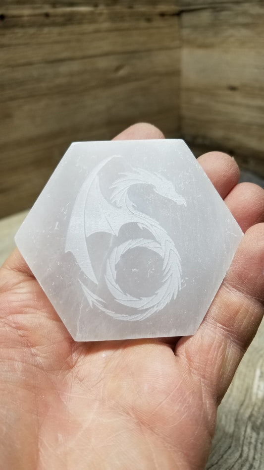 Selenite Carved Square Tile, Dragon Carving (Approx 3 1/4")  Crystal Charging Plate, Supply for Grid SEL-0029