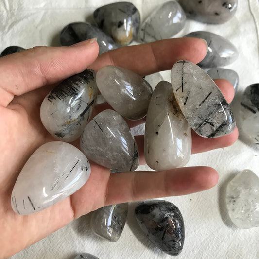 Tourmalated Quartz,  Polished Tumbled Stone (Approx. 1 1/2" - 2") Polished Stone, for Wire Wrapping or Crystal Grid Supply BIN-1498