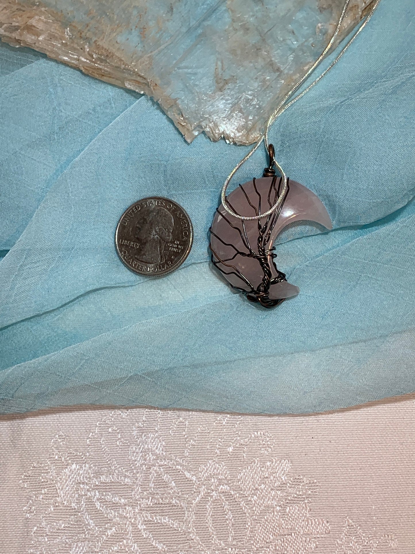 Rose Quartz Moon Wire Wrapped Necklace      NCK-0220