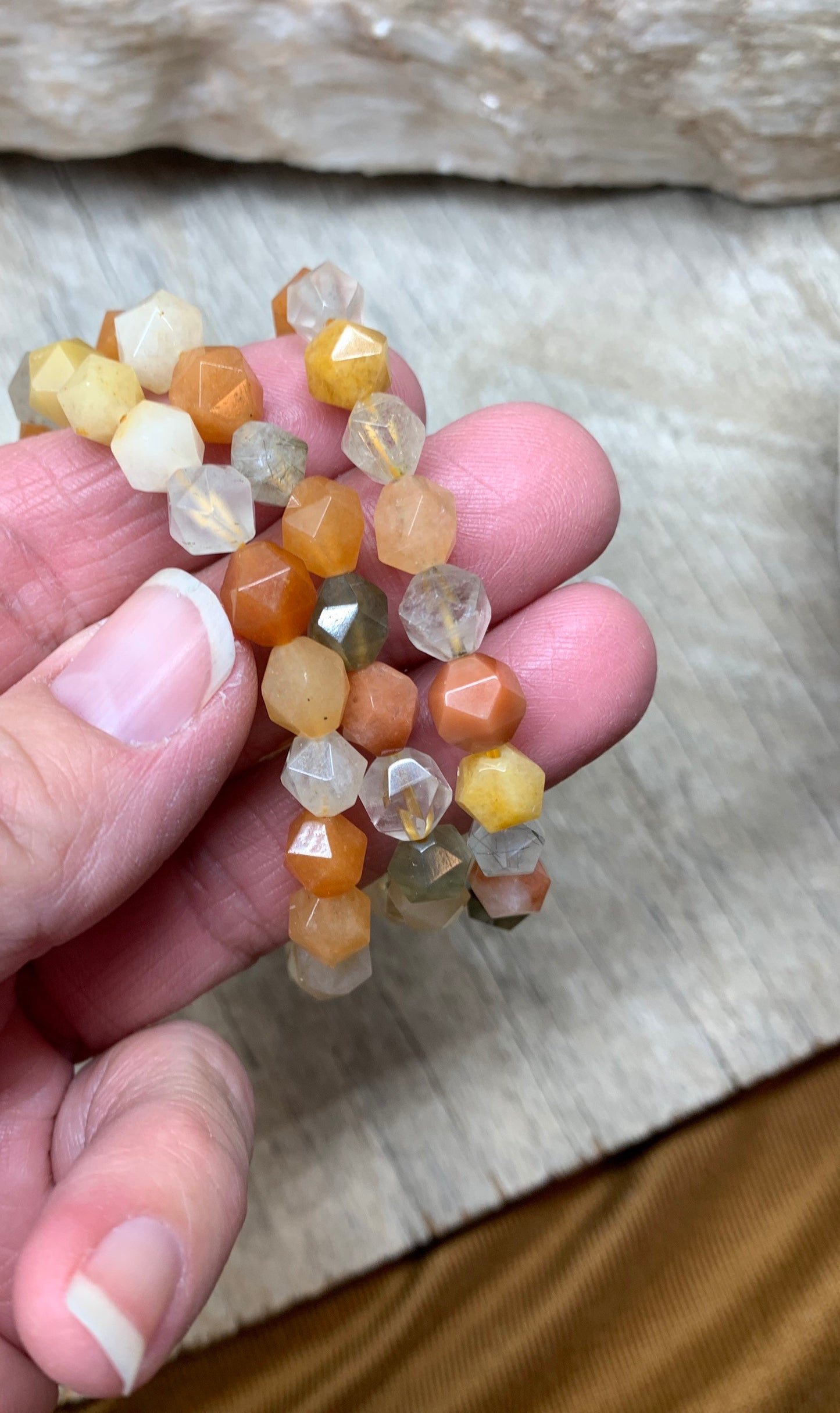 Orange Mixed Gemstone Bracelet (Sunstone, Smokey Quartz, Rutile Quartz ,Faceted Beads) BRC-0090