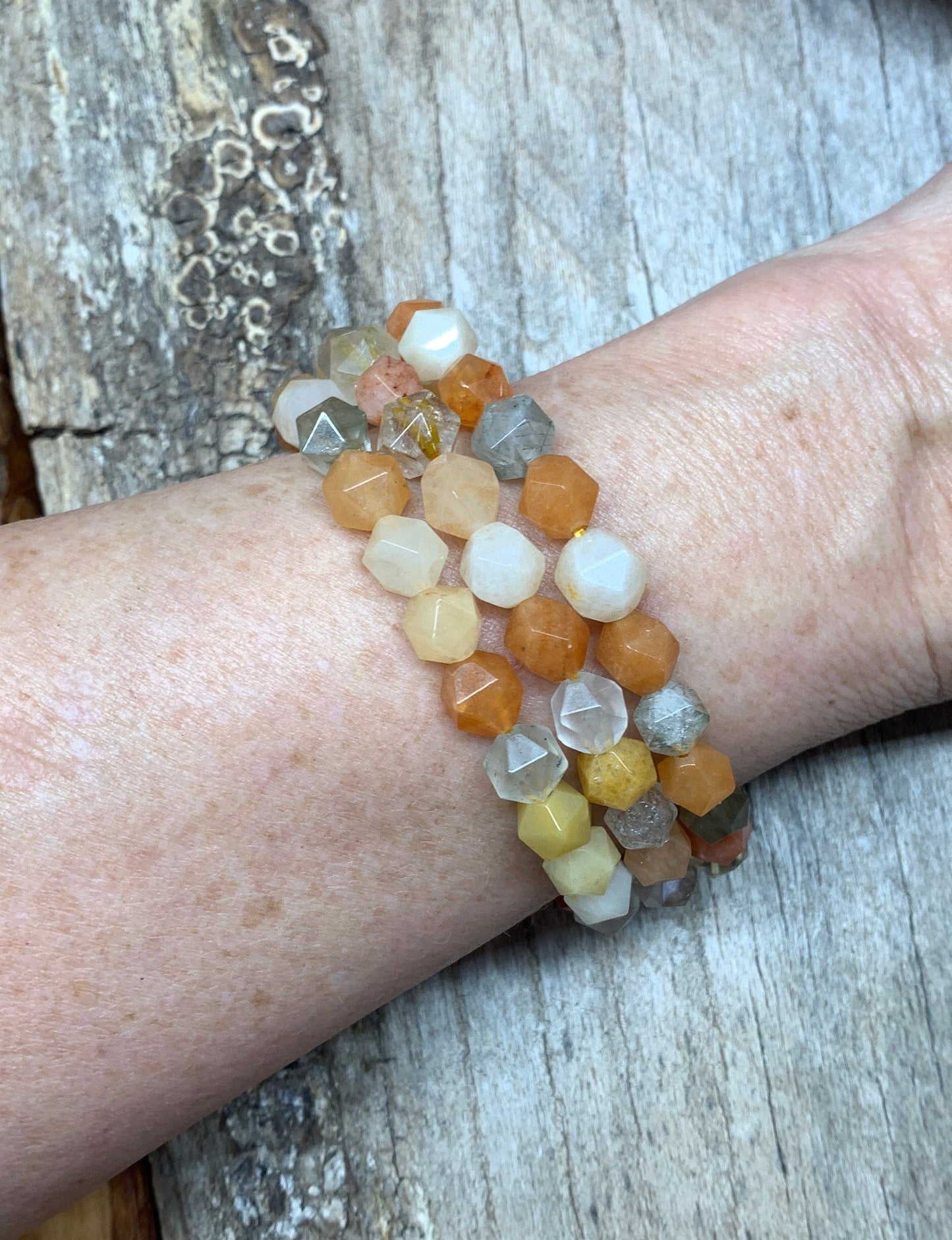 Orange Mixed Gemstone Bracelet (Sunstone, Smokey Quartz, Rutile Quartz ,Faceted Beads) BRC-0090